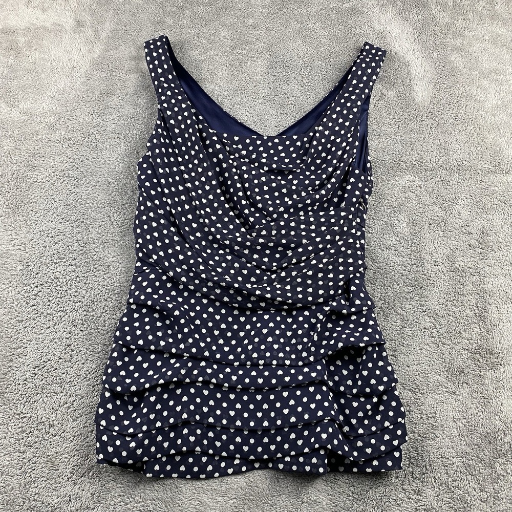 EXPRESS Ruching Sleeveless Top Womens XS Heart Polka‎ Dot White Print Navy Blue